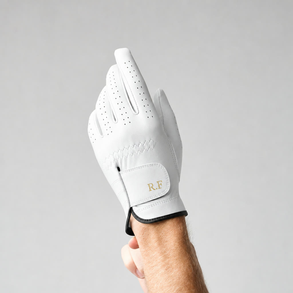 The Monogram Glove on a raised hand, initials R.F in gold foil on the strap.
