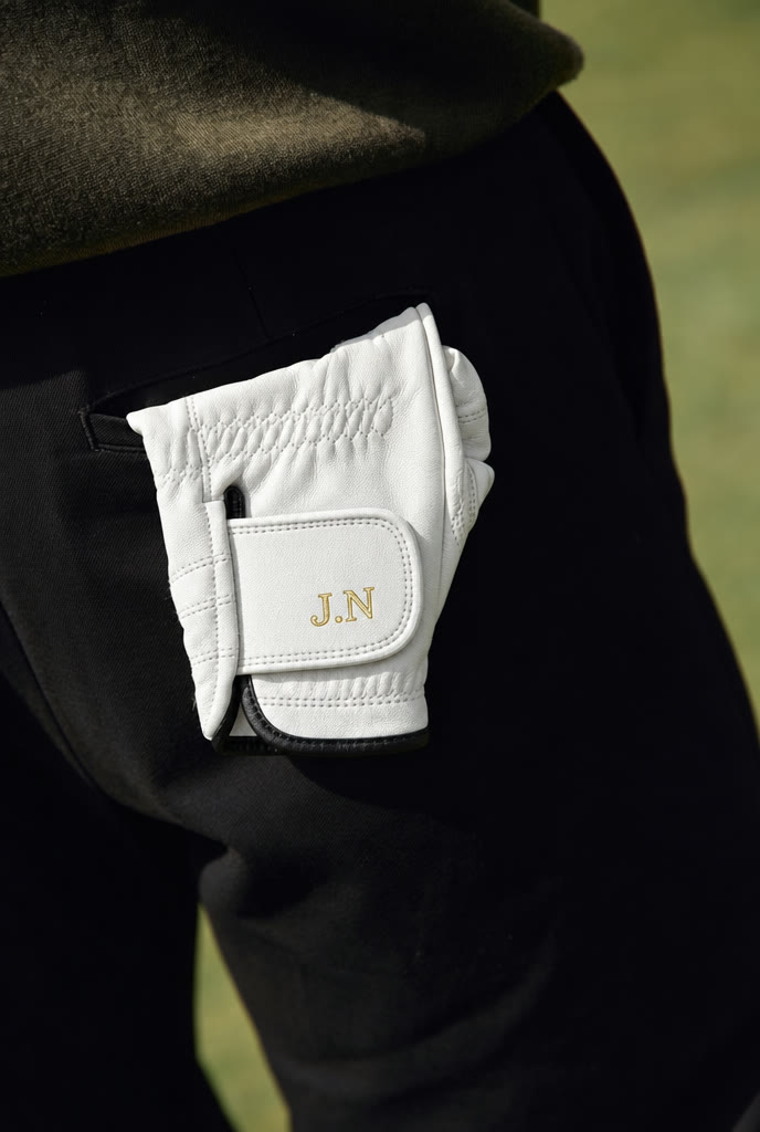 The Monogram Glove tucked in a back pocket, initials J.N showing.