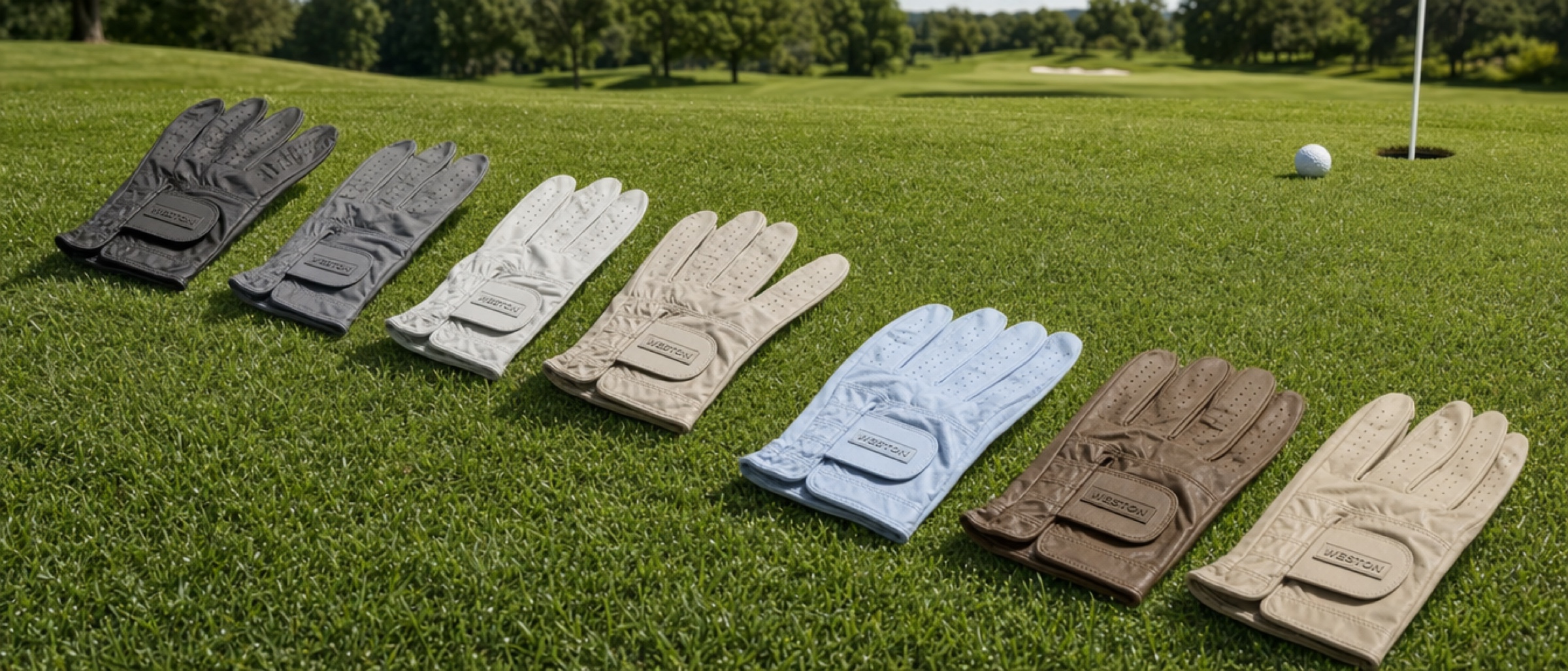 The Original Collection, Weston gloves laid out in a row on the green, the flag beyond.